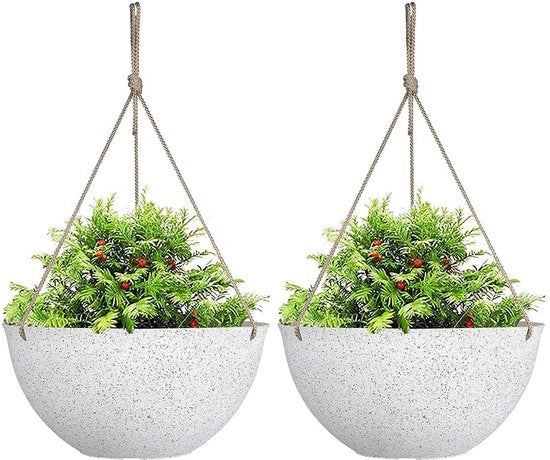 Set di due lanternine da appendere, 25 cm vasi da fiore bianchi a strisce con fori di drenaggio e stoppini, vasi da fiore da appendere per decorazione boho della giardino