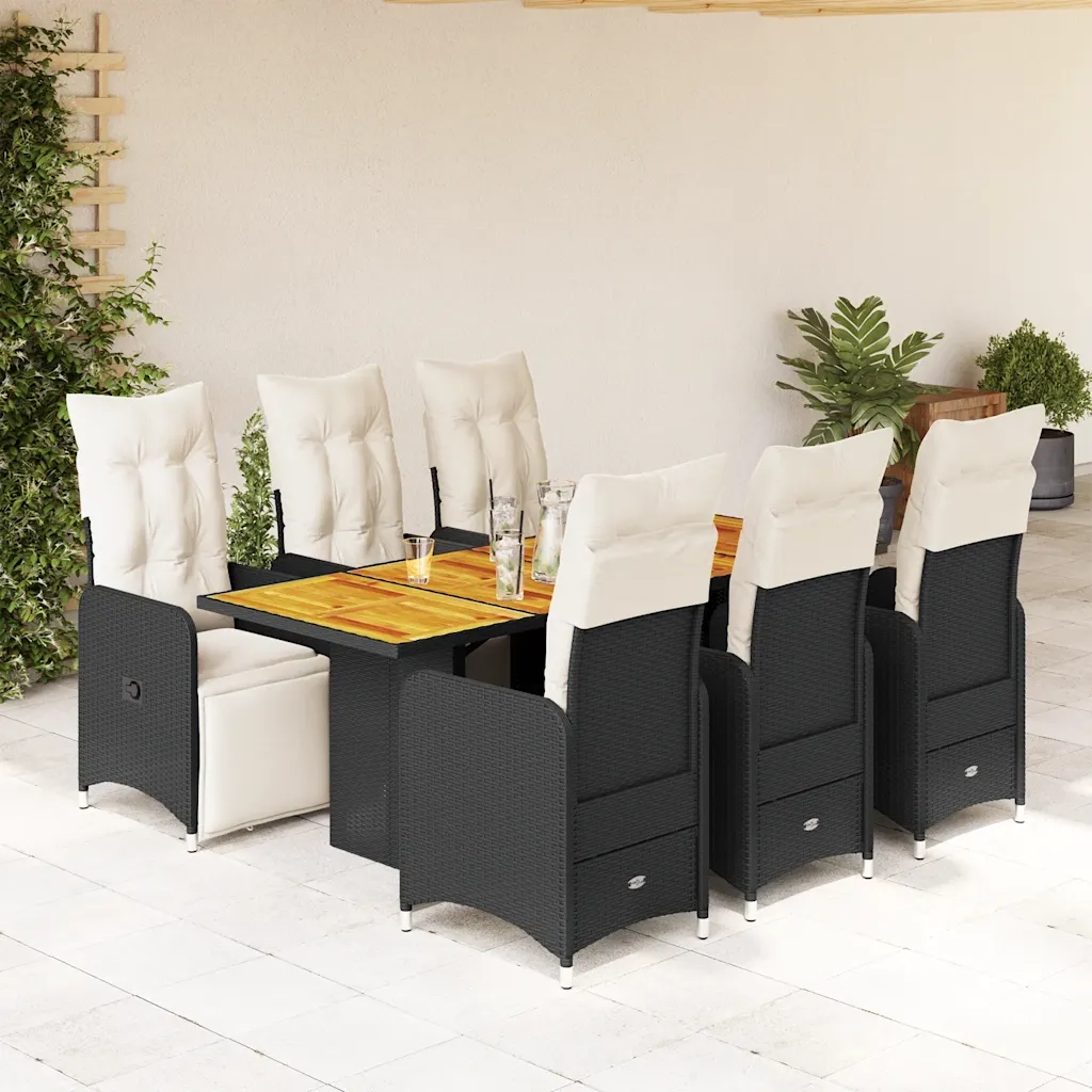 Set da BistrÃ² da Giardino 7 pz con Cuscini Nero in Polyrattan