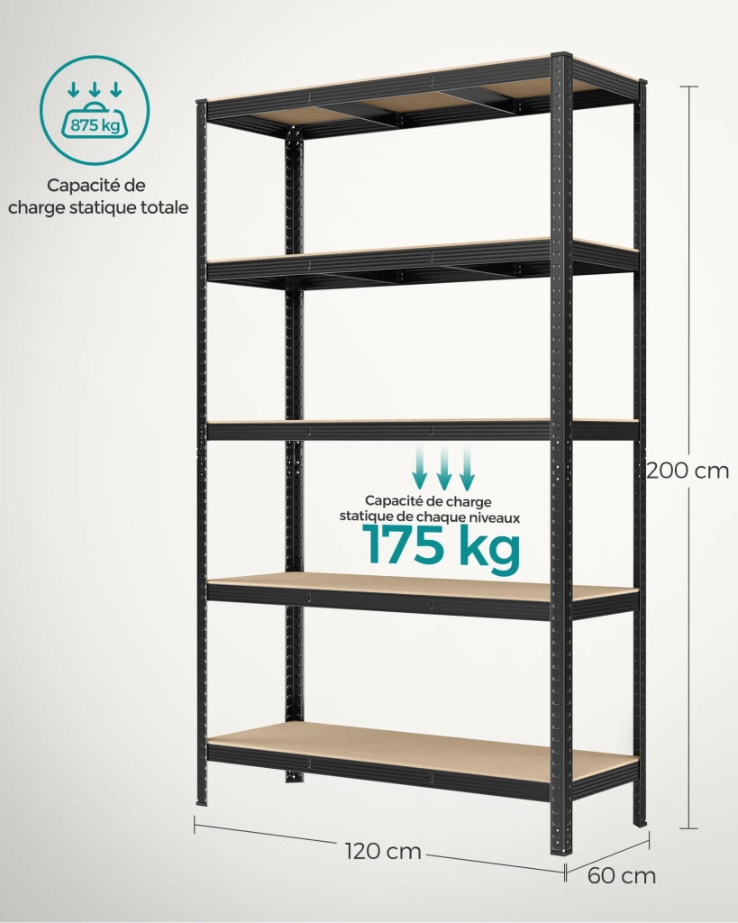 Mobiletto portaoggetti in acciaio per carichi pesanti a 5 ripiani montaggio senza attrezzi ripiano da garage per cassette degli attrezzi capacità di carico 875 kg 60 x 120 x 200 cm nero 12_0005569