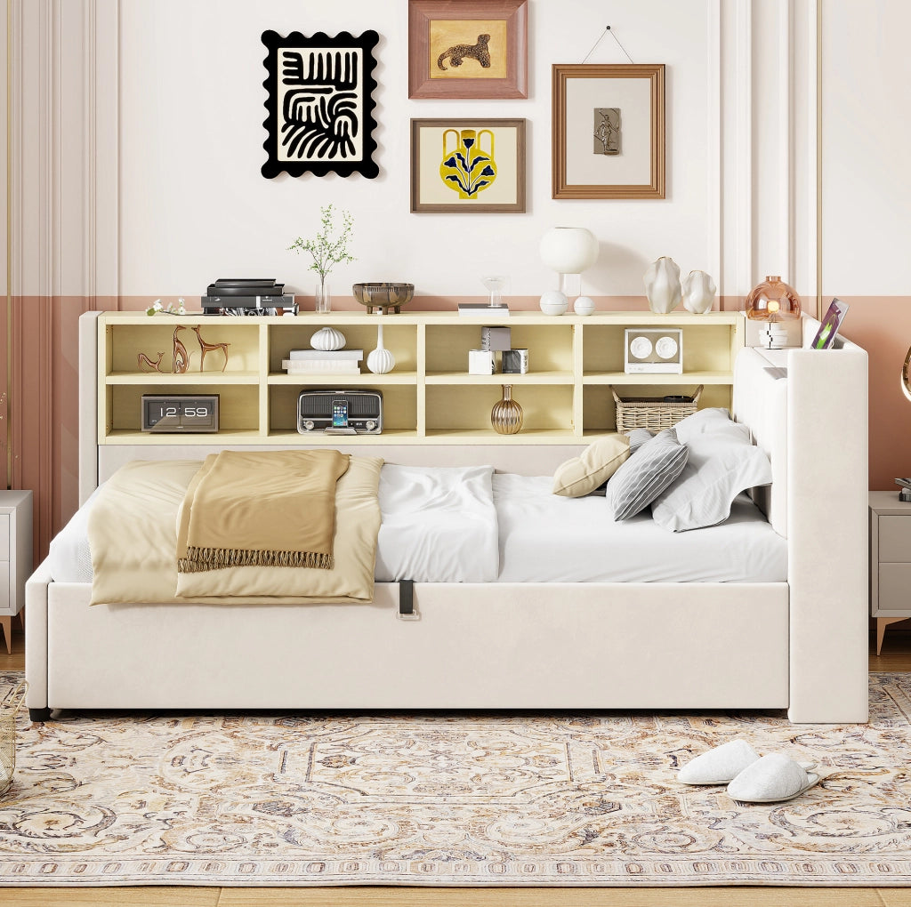 Letto imbottito multifunzione 90x200 cm in velluto beige