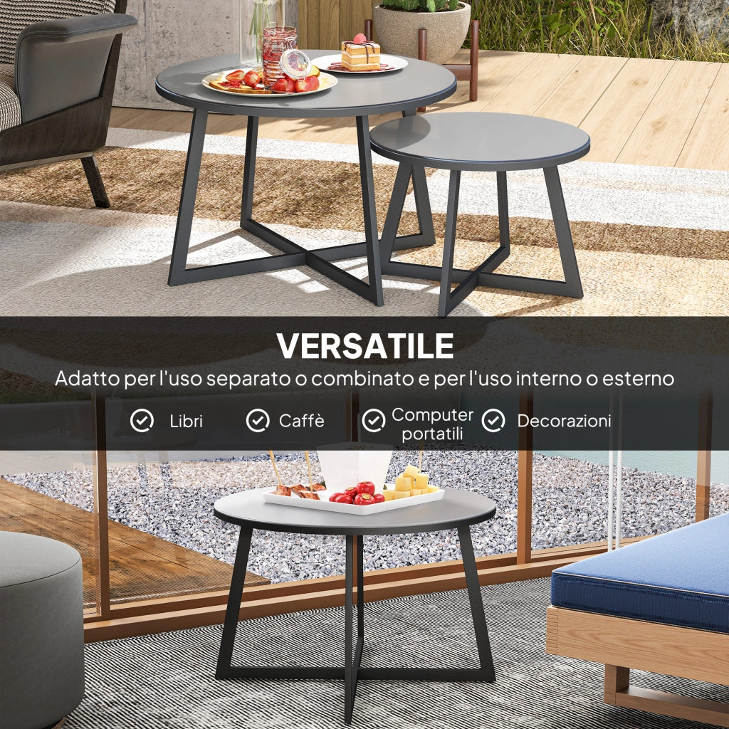 Set 2 Tavolini per Esterni con Piano in Vetro Temperato, ?70x45 cm e ?50x35 cm, Grigio