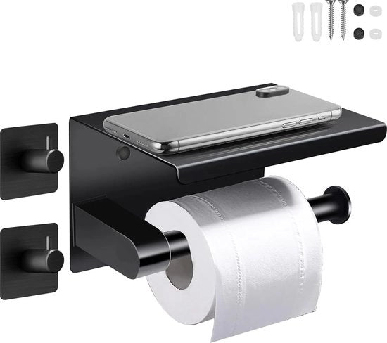 Supporto per carta igienica, supporto per carta igienica con 2 ganci adesivi, supporto per carta igienica con pannello, supporto per carta igienica da parete per cucina e bagno nero