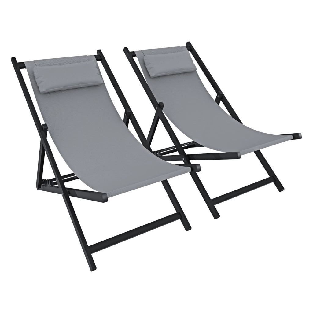 Set di 2 Sdrai Da Giardino Schienale Regolabile Pieghevole Ergonomica Con Cuscino Traspirante Struttura Nera In Alluminio Da Esterno Piscina Mare Portata 160 Kg Grigio