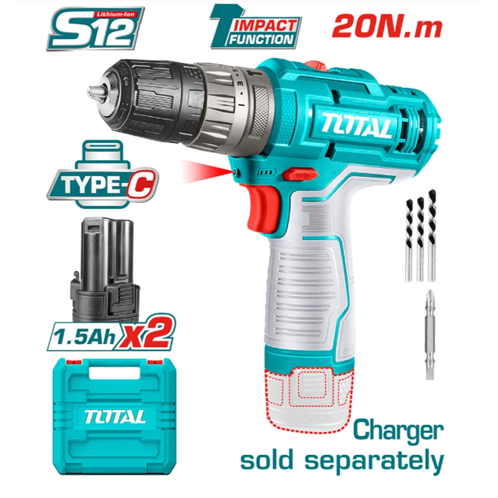 TRAPANO AVVITATORE A PERCUSSIONE A BATTERIA 12V - 20Nm+2 BATTERIE 1,5Ah TYPE-C TOTAL