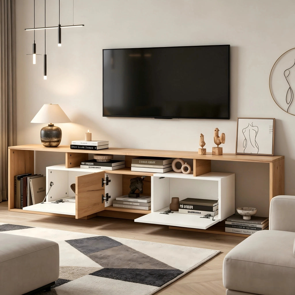Mobile TV con 2 ante; 1 anta ribalta e 3 vani aperti - per soggiorno - 180x30x49 cm