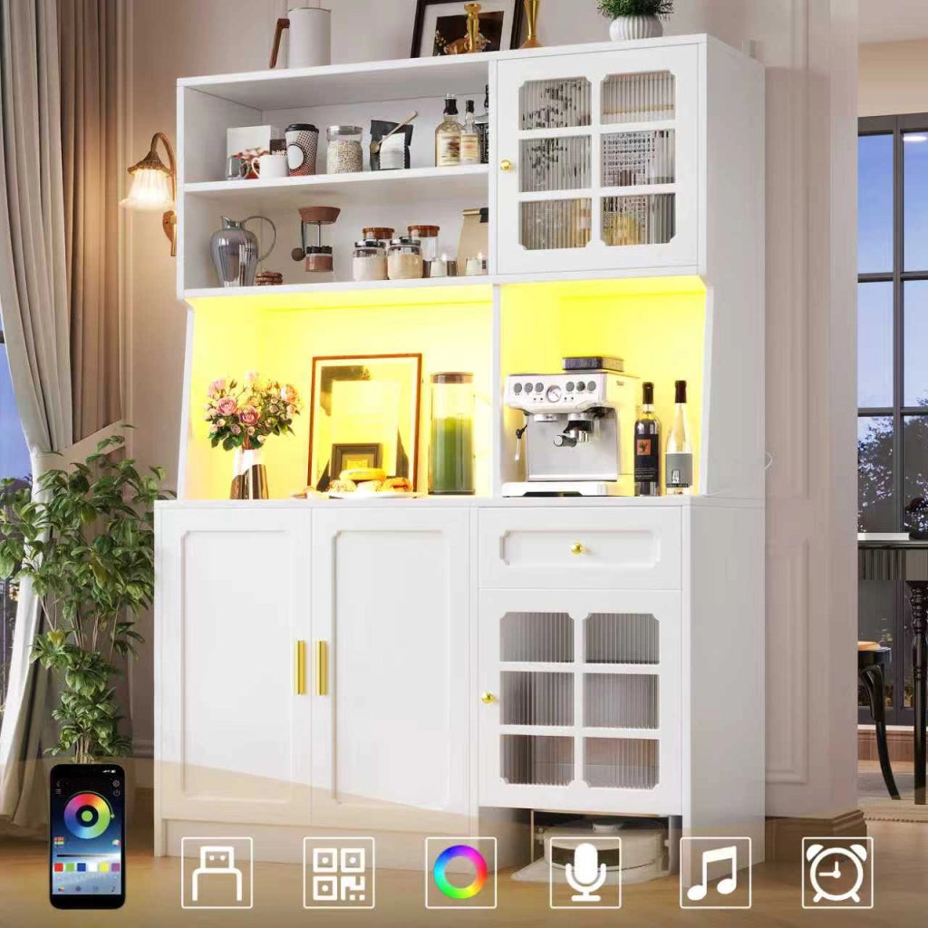 Armadio Cucina con Ante in Vetro e LED ¨C MINIMAL ¨C Bianco, 130x45x180 cm