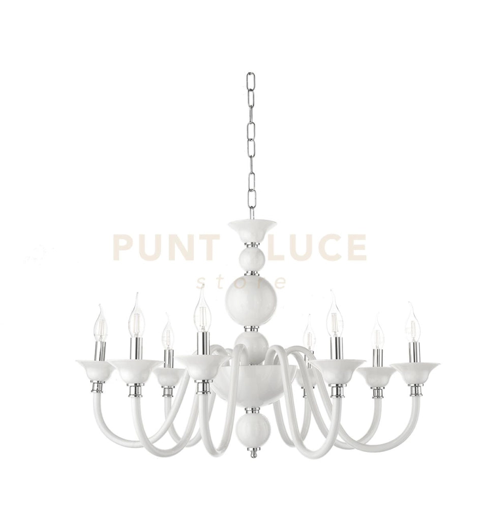 LAMPADARIO TEBE 8 LUCI BIANCO E CROMO ATTACCO E14 D.87CM