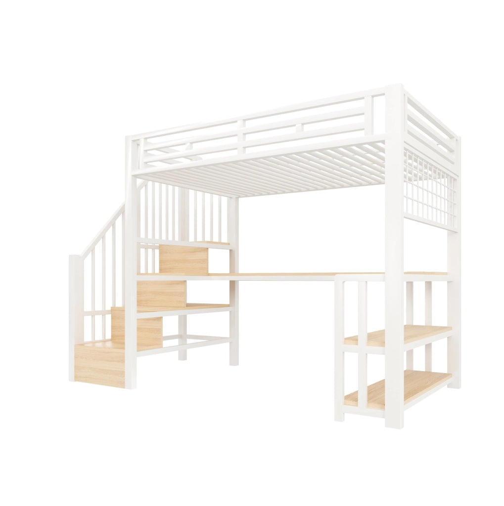 Letto a soppalco ULEVR 90x200 cm con scrivania, LED, ripiano, USB e porta Type-C, metallo e MDF bianco