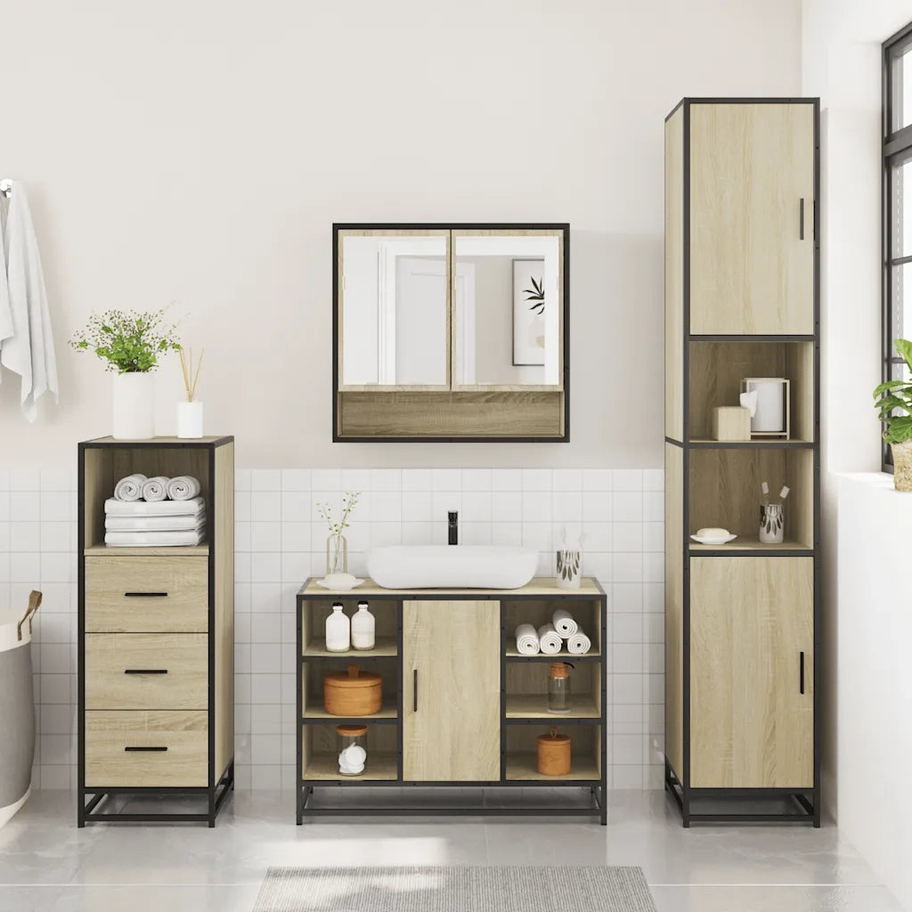 Set Mobili da Bagno 3 pz Rovere Sonoma in Legno Multistrato