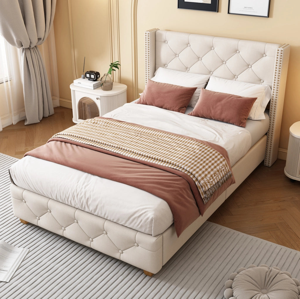 Letto singolo imbottito in lino beige 90x200 cm