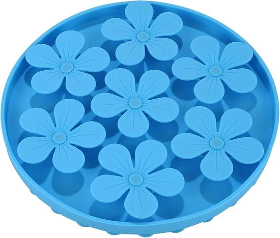 Bacino per cani anti-scrocchiante, alimentatore lento per animali gatto/cane in gomma silicone morbido Carino a forma di fiore - blu - 205*205*17mm