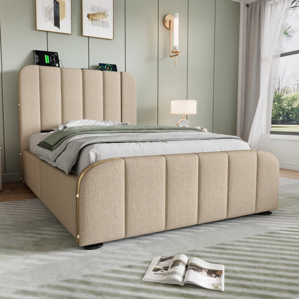 Letto con Cassetti 140 x 200 cm; Letto Matrimoniale con USB; Type-C; LED e Testiera Contenitore; senza Materasso; Grigio