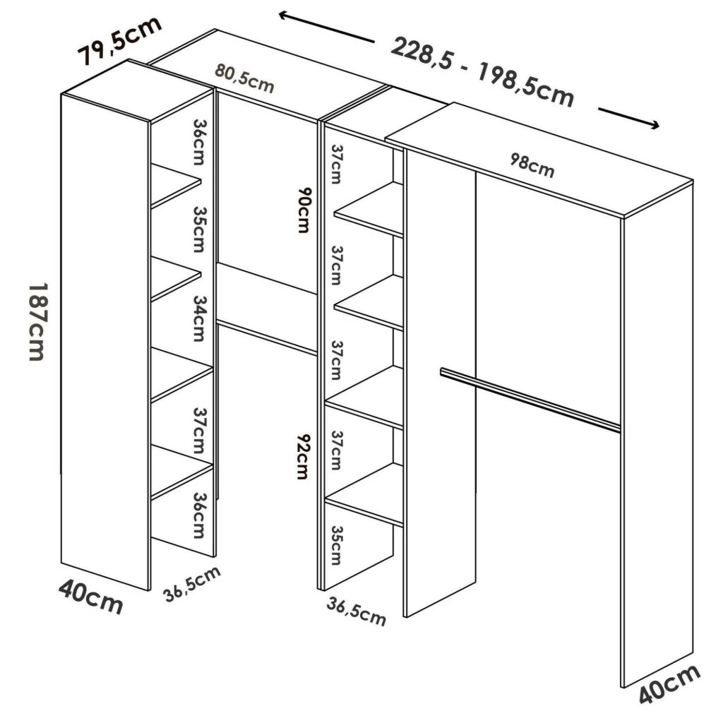 Guardaroba Antilope, Struttura per cabina armadio angolare, Mobile appendiabiti aperto ad angolo, 228x79h187 cm, Bianco
