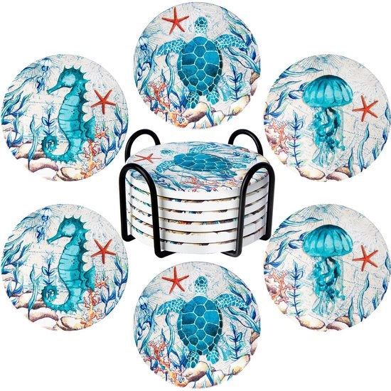 Set di 6 pietre assorbenti ceramica per bicchieri con supporto in gomma a forma di conchiglia con tema mare oceano vita sottomarina decorazione per tavola con tema spiaggia e tropico.