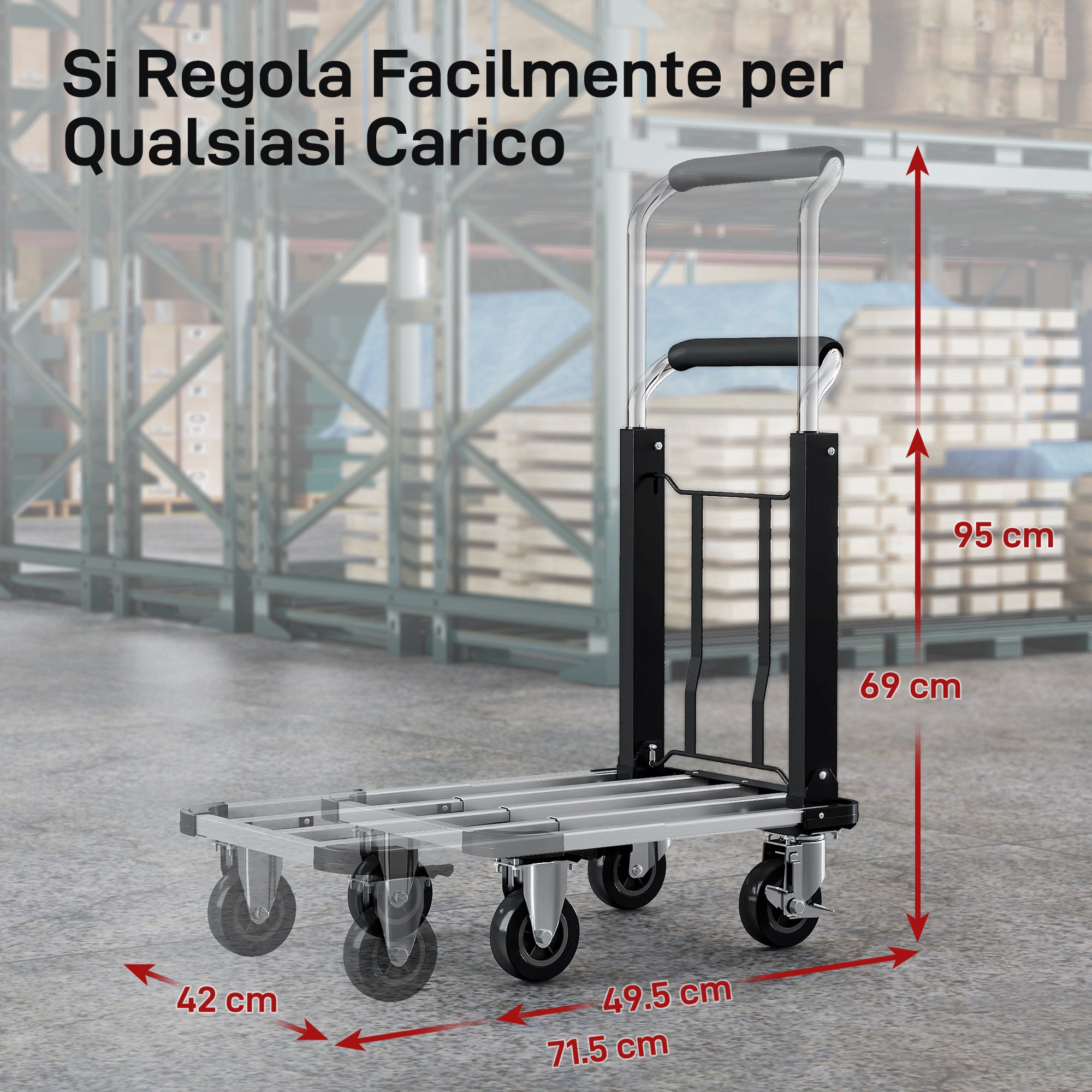 Carrello Portapacchi Pieghevole con Pedana Estensibile Capacità 150 kg in Metallo e Alluminio Argento