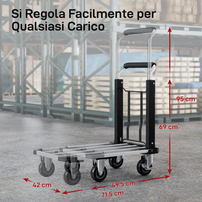 Carrello Portapacchi Pieghevole con Pedana Estensibile Capacità 150 kg in Metallo e Alluminio Argento