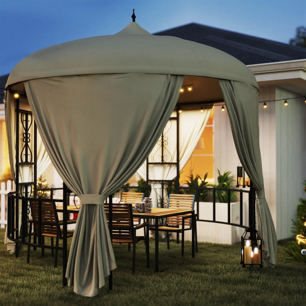 Gazebo da Giardino Rotondo ?3m con Tende e Prese d'Aria in Metallo e Poliestere, Beige