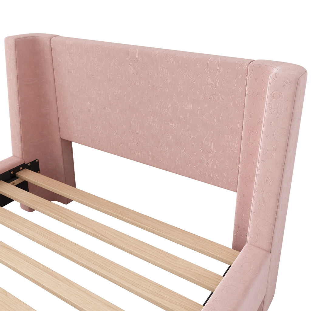 Letto per Bambini 90x200 cm - Letto a Divanetto in Velluto con Motivo Spaziale - Rosa