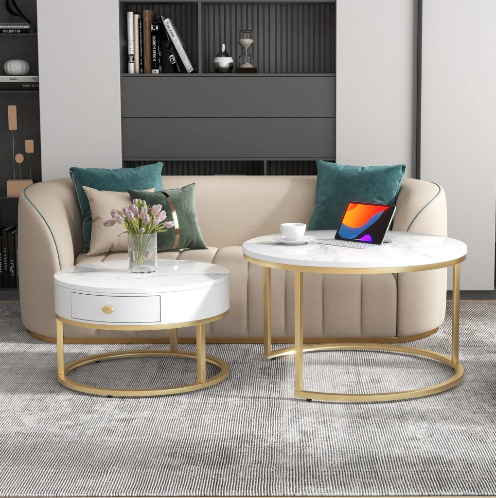 Set 2 tavolini da salotto rotondi impilabili 70/50 cm in MDF bianco lucido effetto marmo