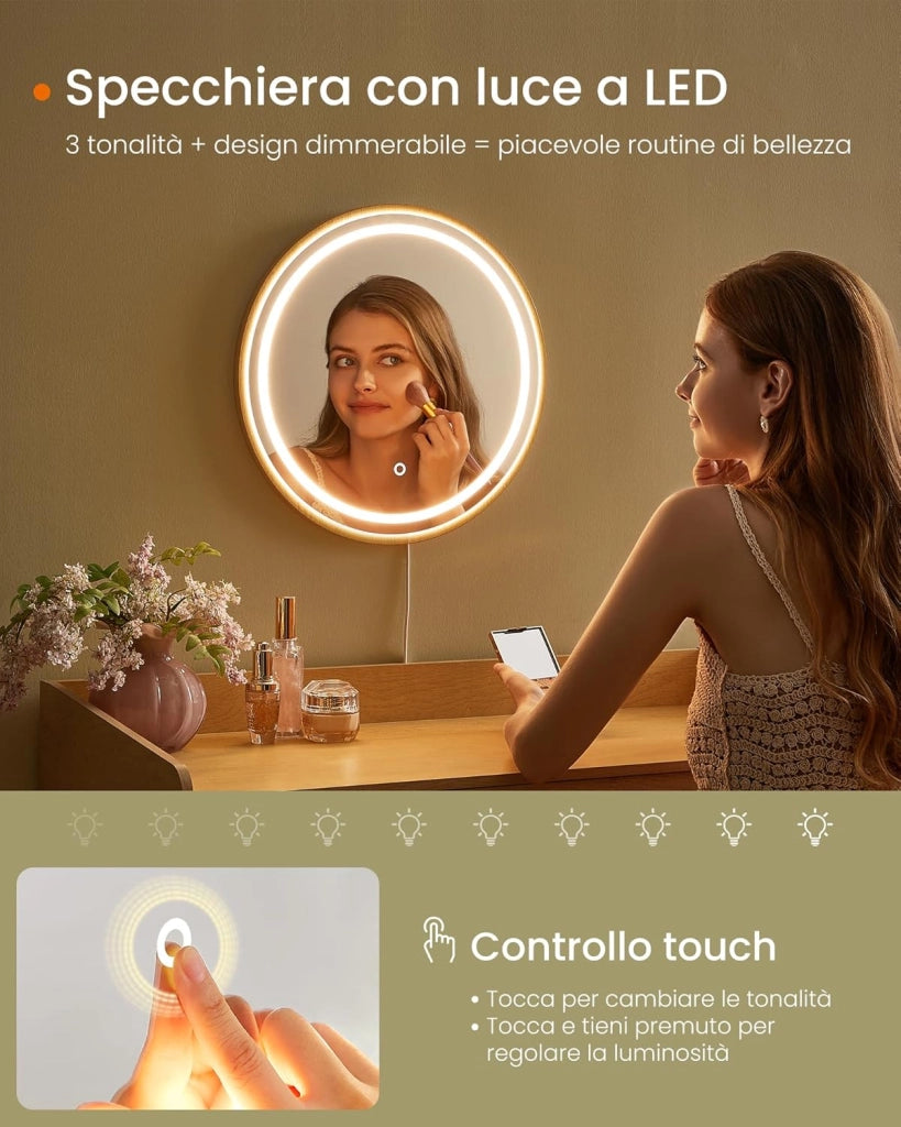 SONGMICS HOME Tavolo da Toeletta con Specchio e Luce, Tavolo da Trucco, 3 Cassetti Effetto Rattan, Luce con 3 Colori, Stile Bohemien, Camera da Letto, Rovere Beige RVT007Y01