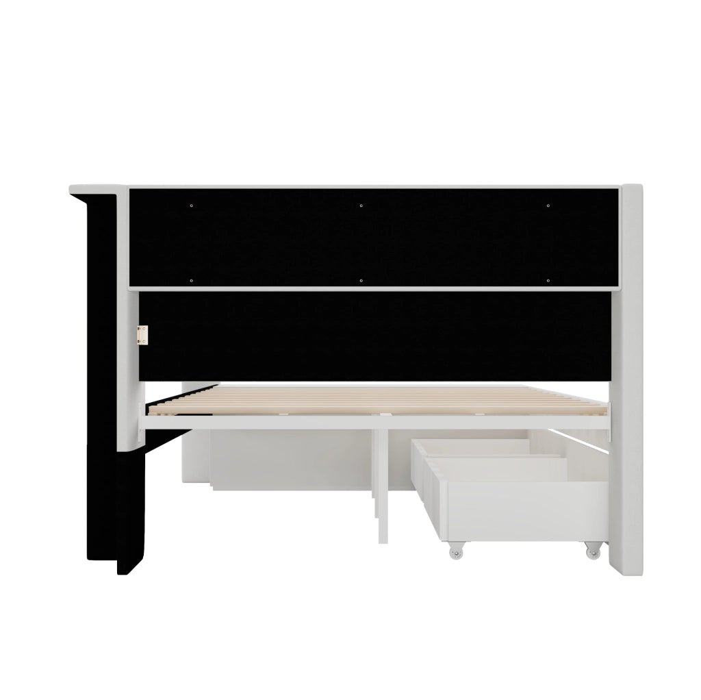 Letto imbottito 90x200 cm con USB; LED e scarpiera; bianco