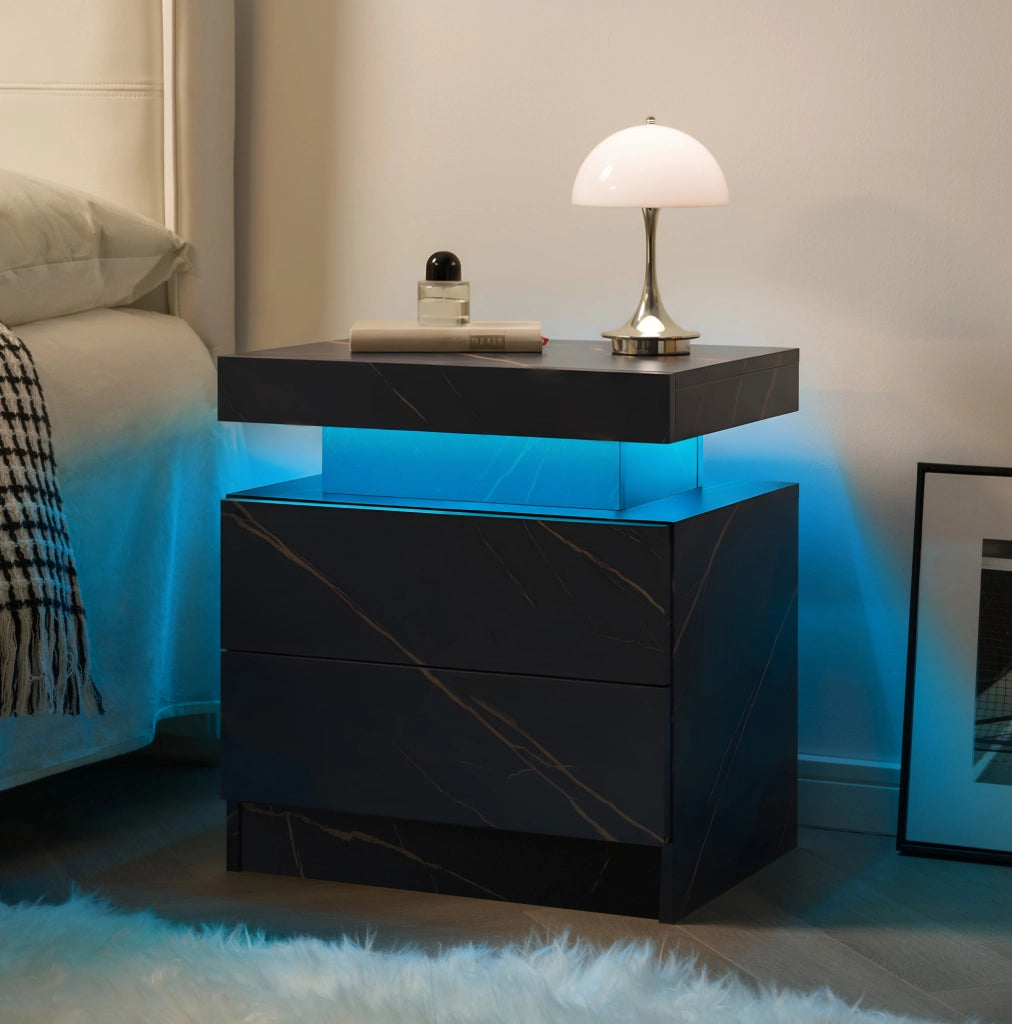 Comodino moderno con luci LED regolabili, 2 cassetti, colore nero e oro