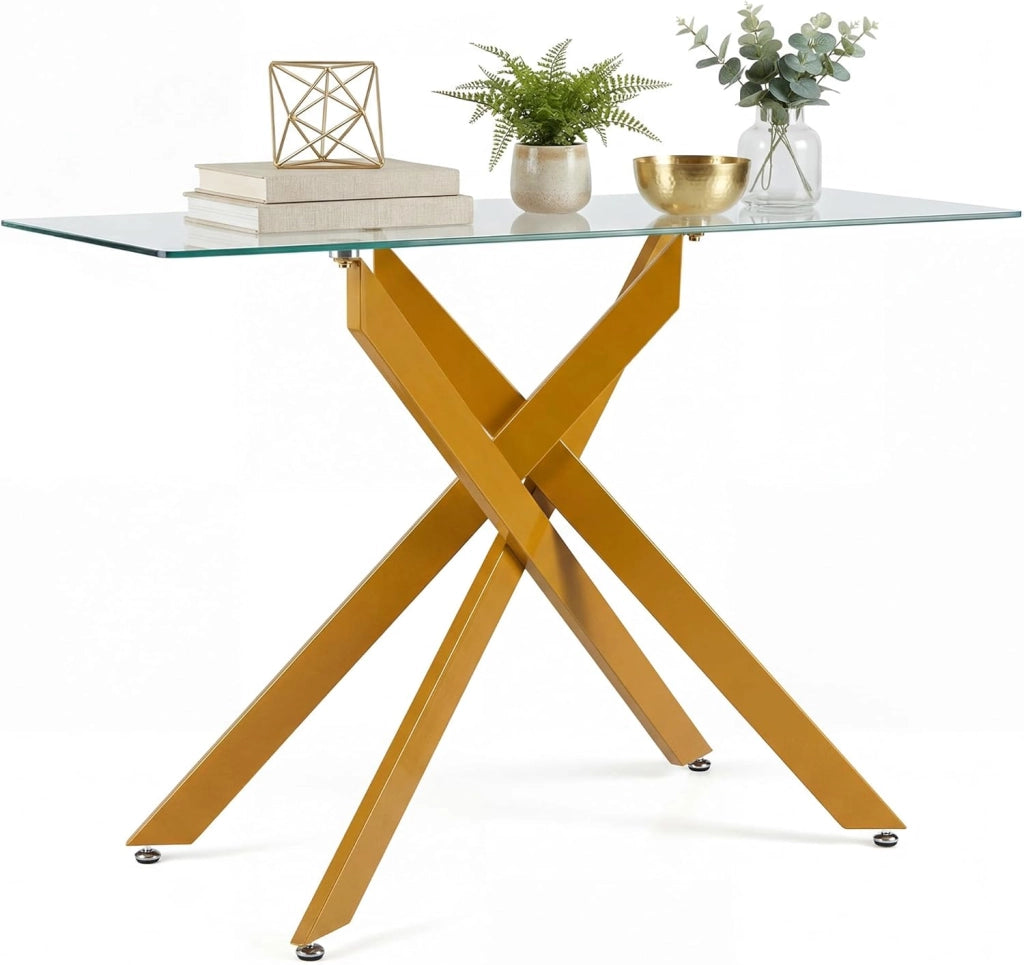 Tavolo Consolle in Vetro Temperato 115 x 45 x 78 cm, Consolle Ingresso Telaio Robusto con Gambe in Metallo Incrociate e Piedini Regolabili, Salvaspazio, per Soggiorno e Corridoio