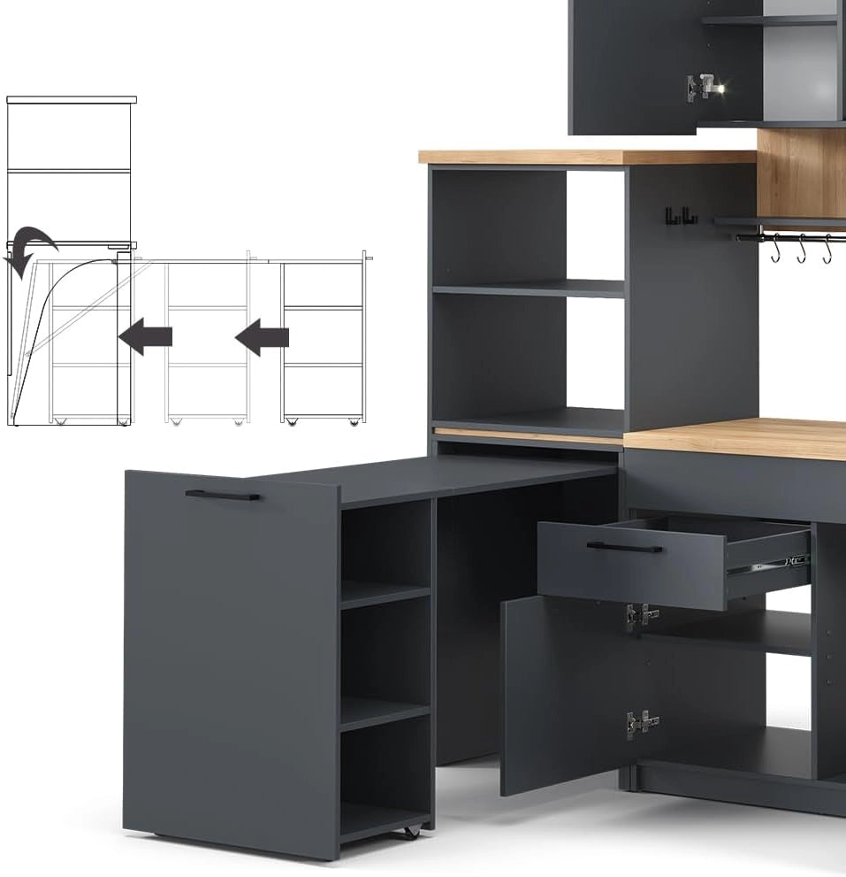 Cucina singola Egbert, Antracite, 160 cm con tavolo allungabile con striscia LED, con asciuga piatti integrato e ripiani laterali
