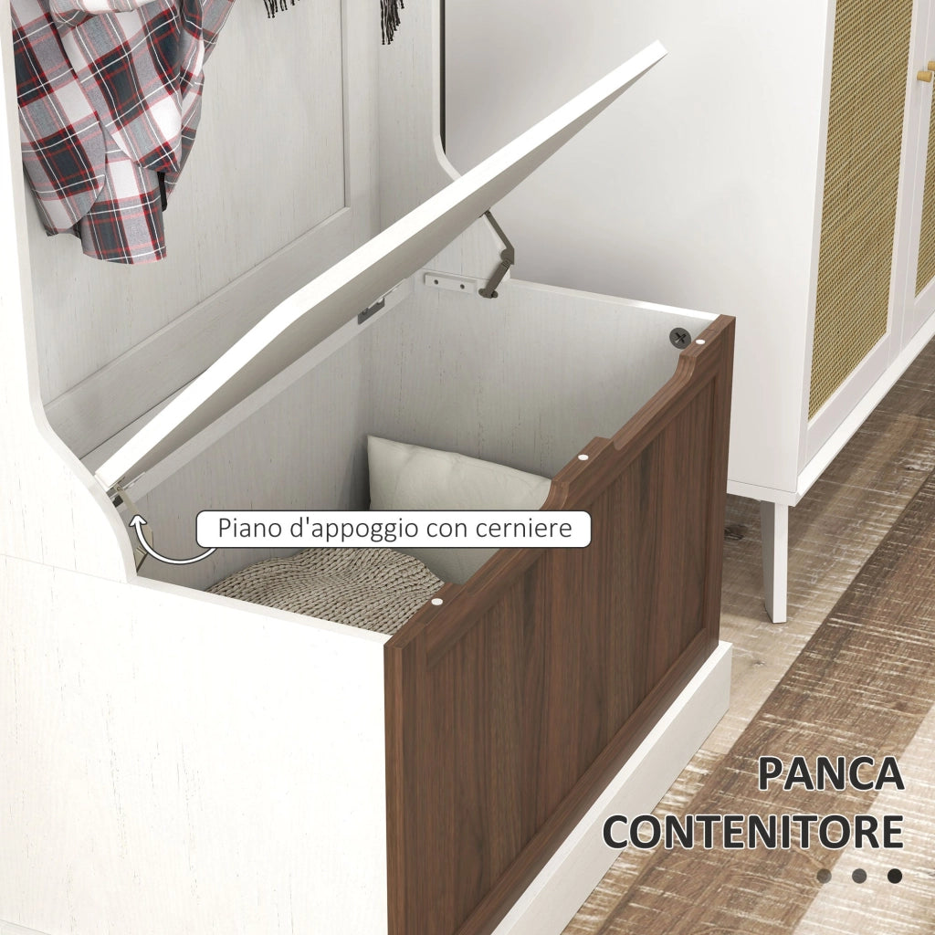 Mobile Appendiabiti 3 in 1 71,5x39,5x170 cm con 4 Ganci e Panca Contenitore in Legno Bianco