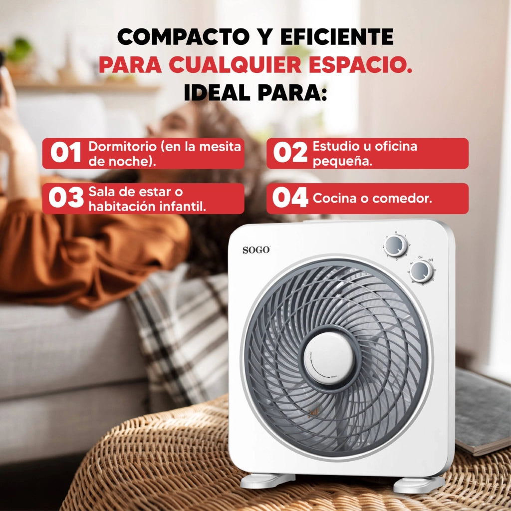 Ventilatore box da tavolo 25cm, 5 pale, 3 velocità, timer 1 ora, griglia orientabile multidirezionale 45W - SOGO