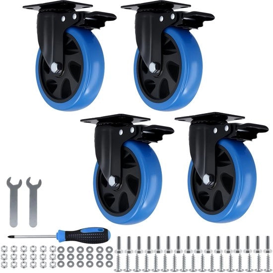 4 ruote pesanti 125 mm fino a 130 kg, ruote per mobili con freno, blu, ruote per carrello, carico pesante, ruote per trasporto, rotazione 360° per trasporto mobili, industria
