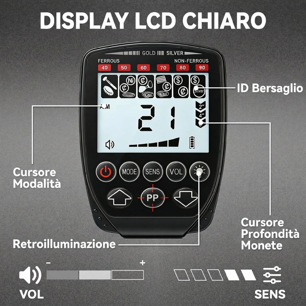 Metal detector ¨C zephmum ¨C LCD, 4 modalit¨¤, bobina IP68 impermeabile