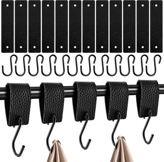 Set di 12 S-haakjes con laccio in pelle - robuste ganci in acciaio inossidabile per la gruccia - 12,5 x 3 cm - ganci per appendere - per armadio - campeggio - cucina - bagno - duraturo e resistente