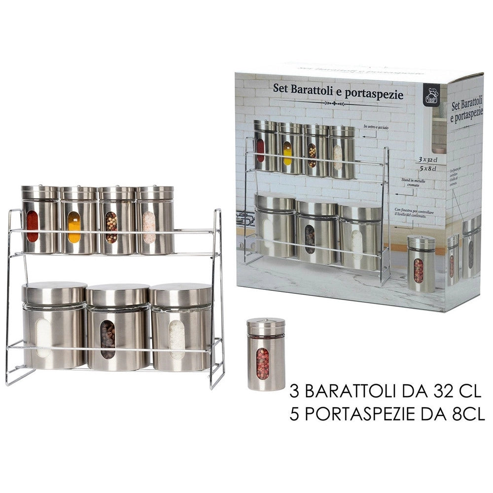 Trade Shop - Set 8 Pezzi Barattoli Portaspezie In Vetro Acciaio Inox Con Stand Cucina -