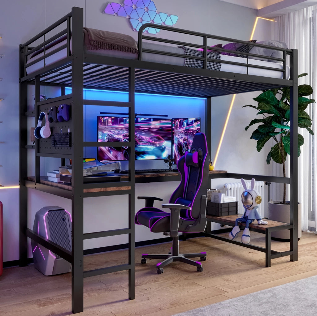 Letto a soppalco 90x200 cm con scrivania e LED; metallo; nero (Senza materasso)