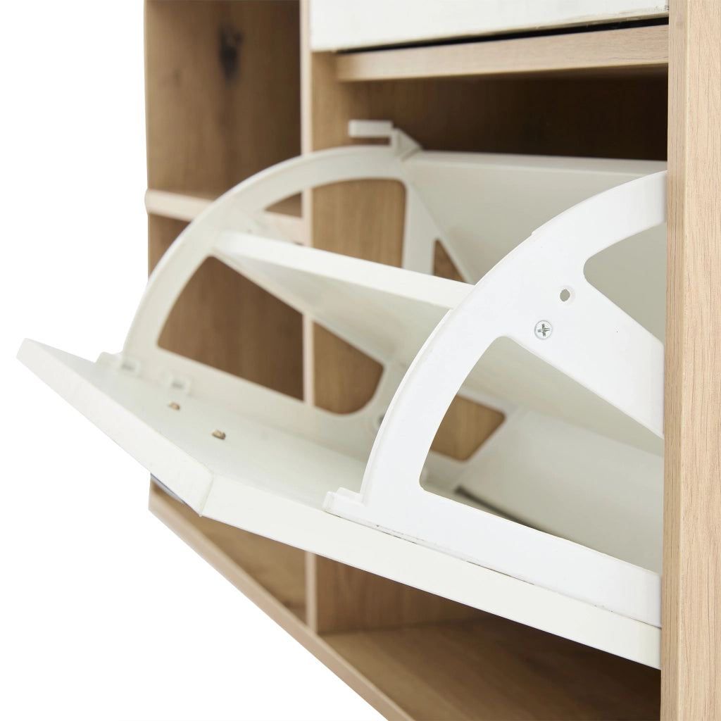 OKWISH Mobile da ingresso con 1 Cassetto, 2 Armadi, Specchio e Panca Scarpiera, Bianco e Legno Naturale 100 x 38.5 x 190 cm