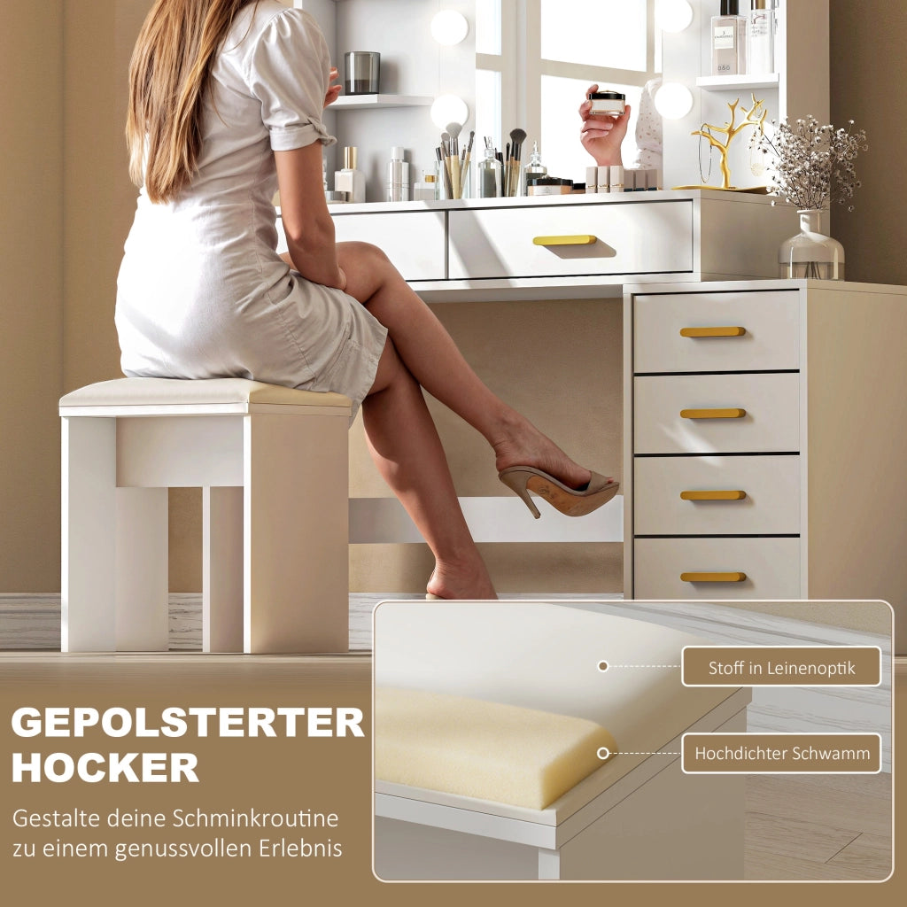Cassettiera per trucco con specchio illuminato e sgabello imbottito ¨C zephmum ¨C bianco
