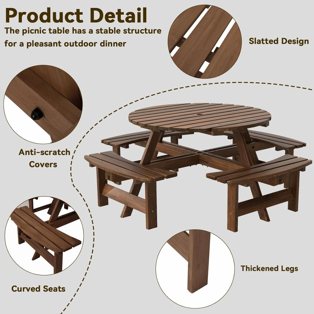 Set da Giardino per 8 Persone in Legno di Abete, Tavolo con Sedie Integrato e Foro per Ombrellone, Mobili da Esterno per Terrazza, Cortile e Pic-Nic, 178 x 70 cm