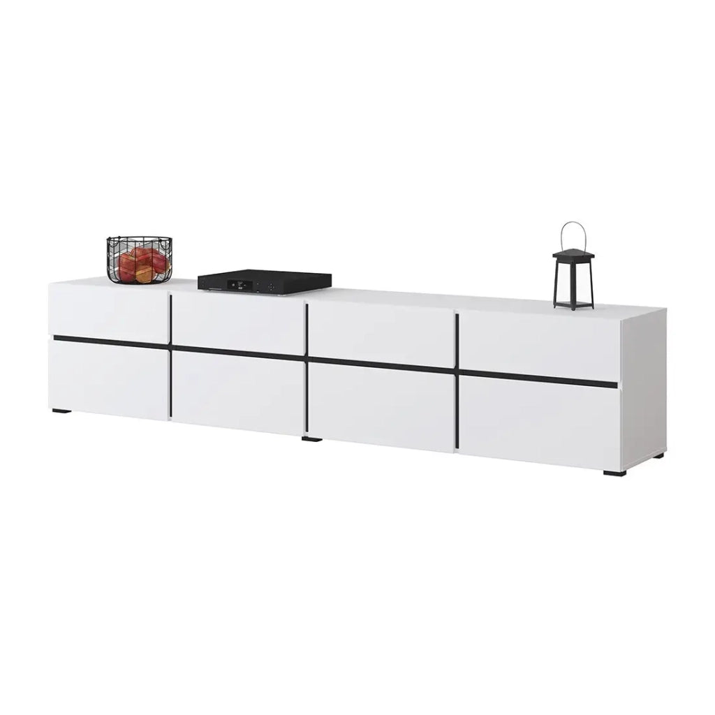 Mobile TV XL colori bianco e nero 225cm collezione HAVANA. Mobile design con 4 porte e 4 cassetti.