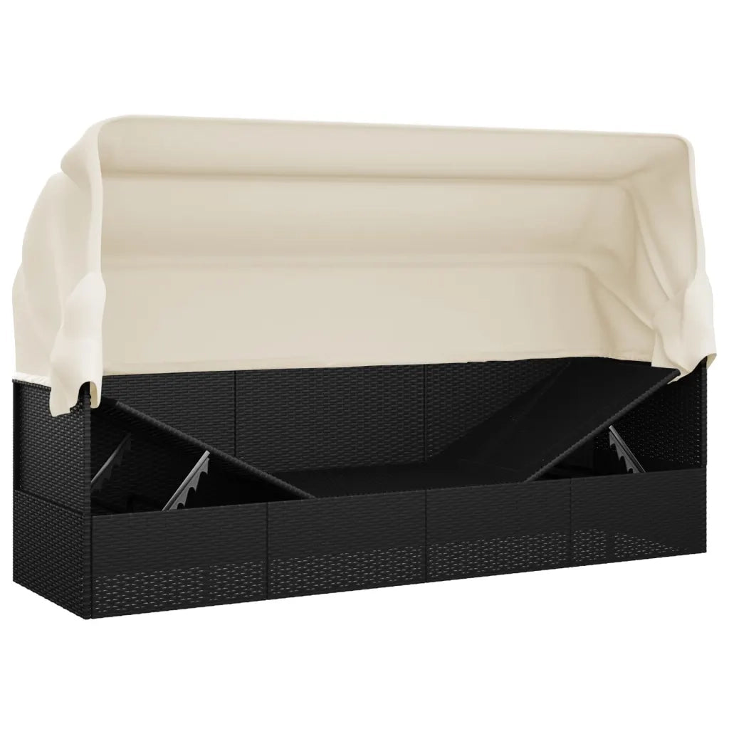 Lettino Prendisole Esterno con Tetto e Cuscini Nero Polyrattan 319566