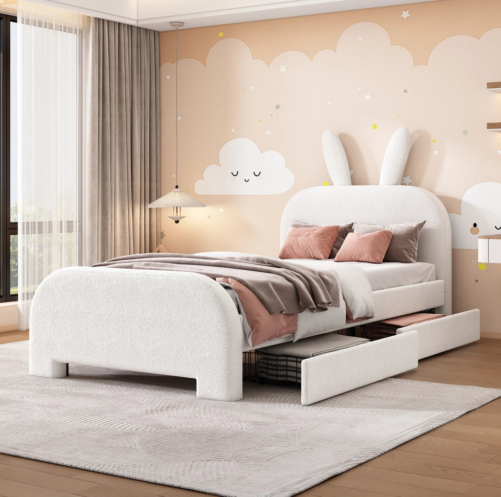 Letto singolo imbottito a coniglio 90x200 cm con 2 cassetti
