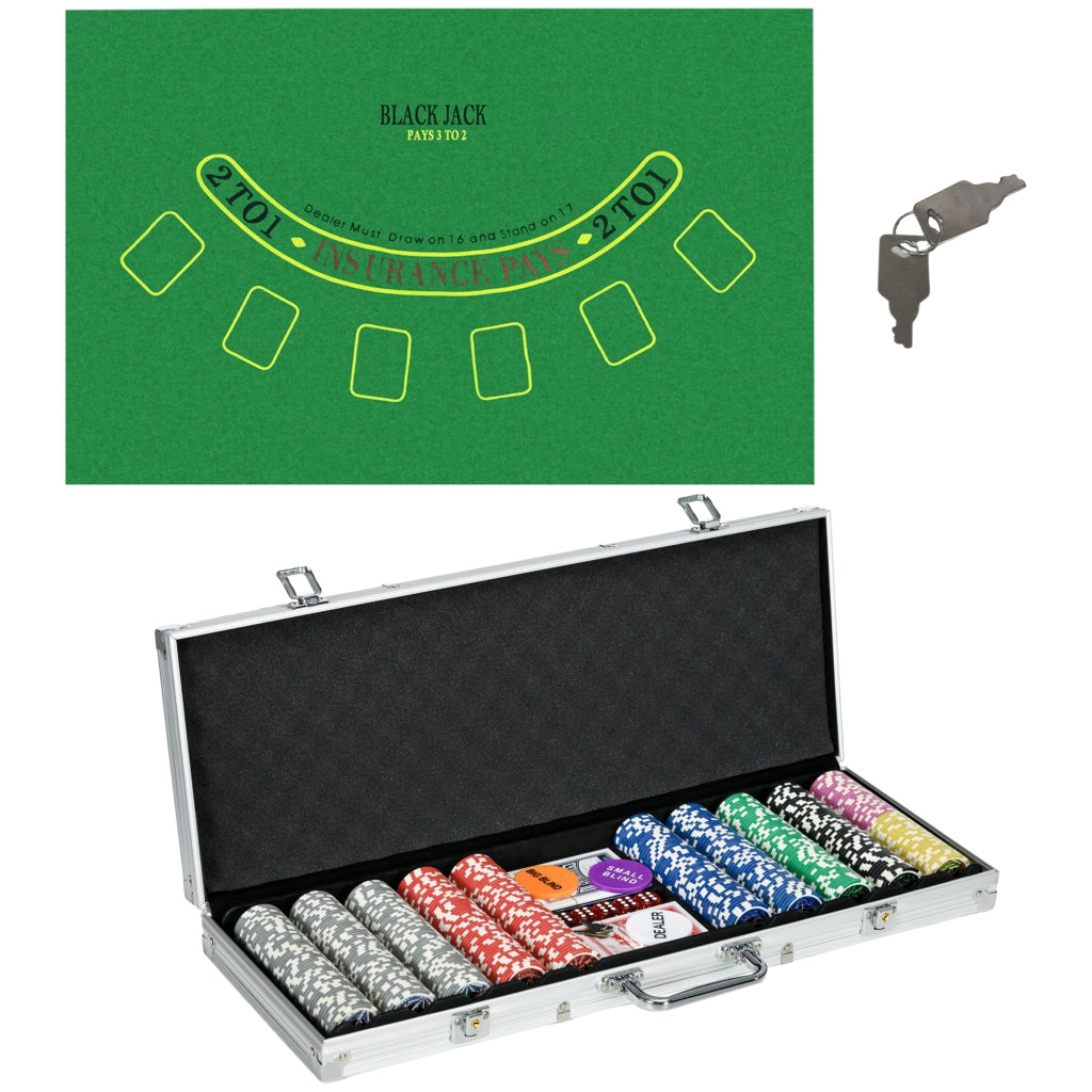 Set Poker Completo con Valigetta Argento 500 Fiches e Tappeto per 9-10 Giocatori Robusto e Portatile