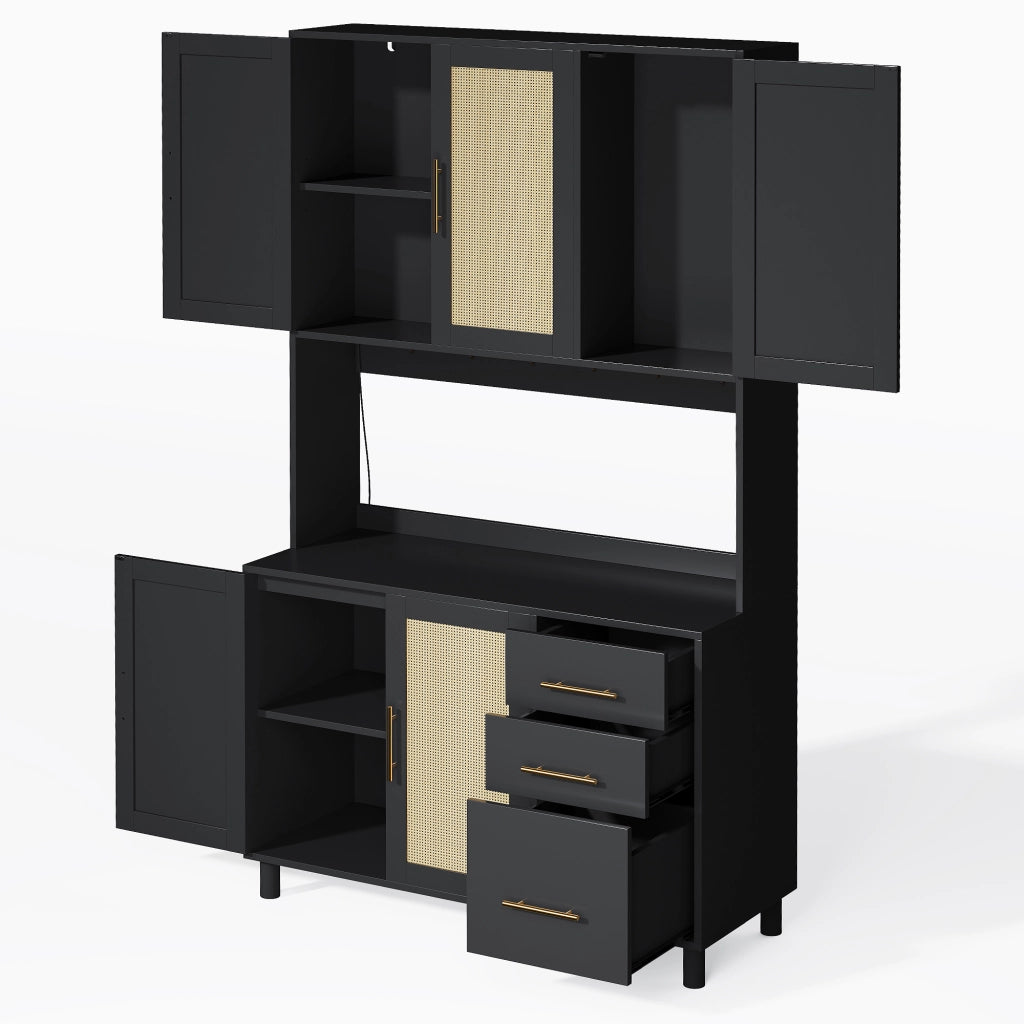 Mobile Dispensa 100x40x183 cm Nero con LED App; 2 Prese; 2 USB; 3 Cassetti e Ante Effetto Rattan