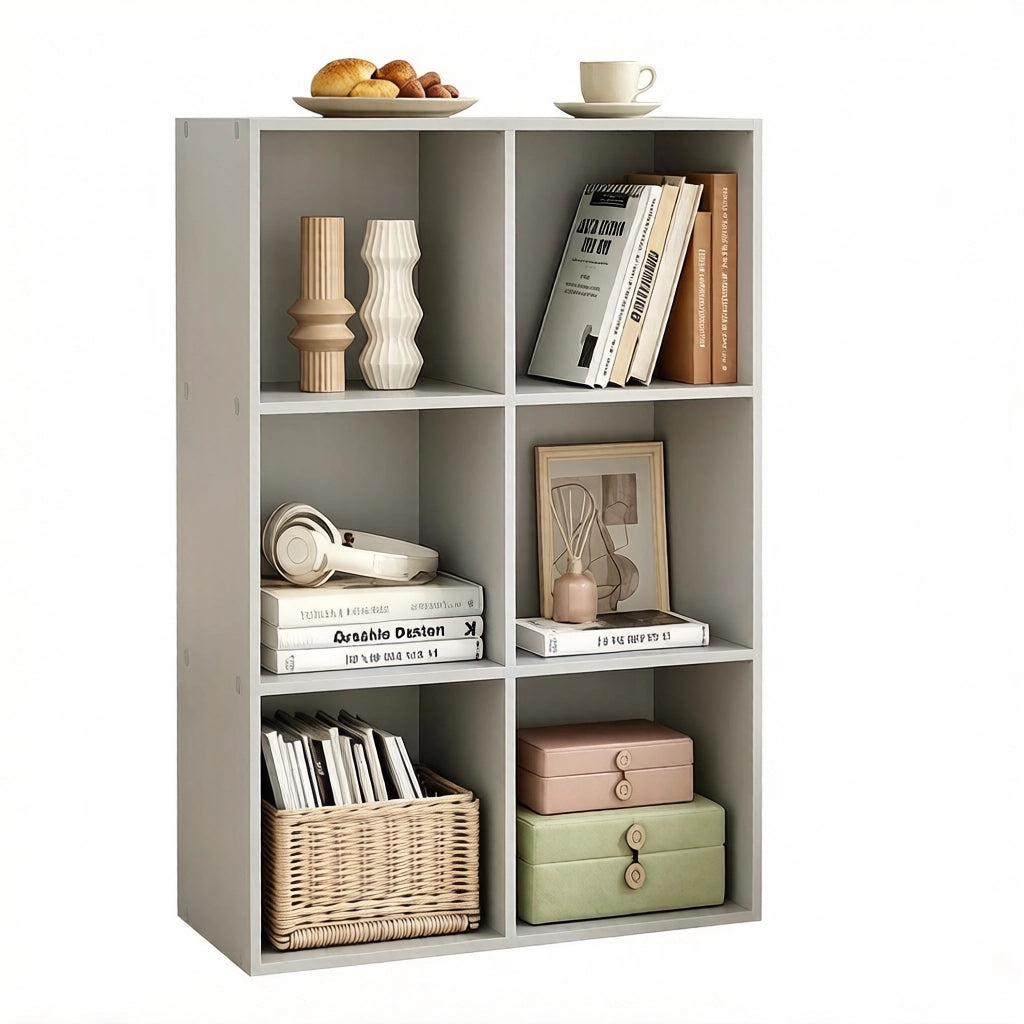 Scaffale a cubi aperto a 6 vani, grigio, in legno ingegnerizzato E1, 59,6 x 89 x 29 cm