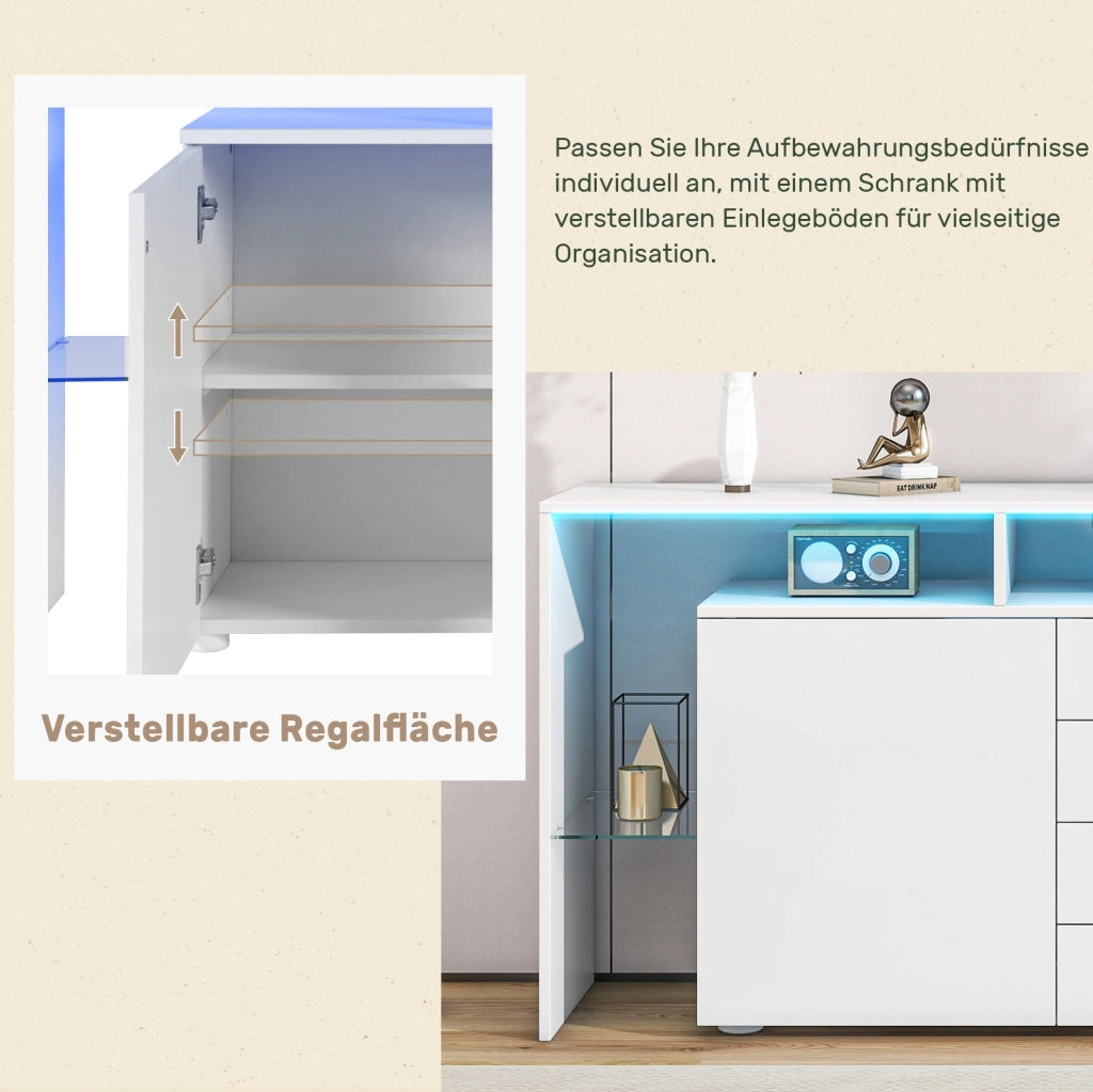 Credenza moderna con LED e USB, bianco lucido