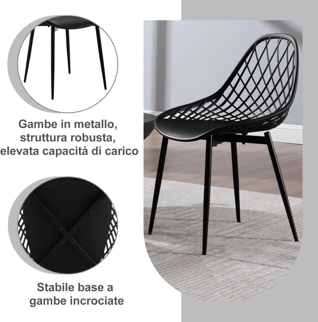 Sedia da Cucina Set da 4, da Pranzo con Schienale Scavato, Seduta in PP e Gambe in Metallo, Stile Scandinavo per Soggiorno, Camera da Letto, Nero, K0017EZS-4