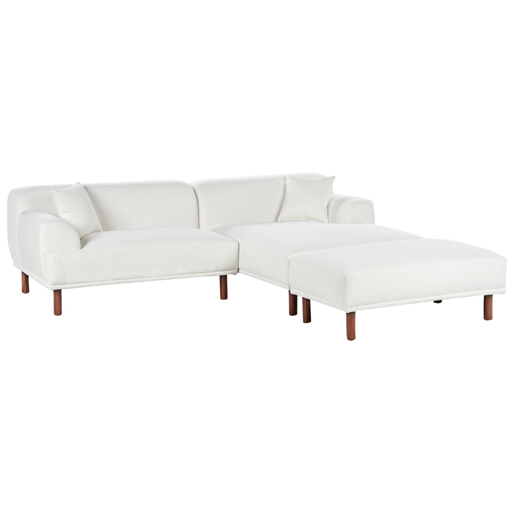 Divano ad angolo sinistro in tessuto bianco lato sinistro con pouf stile minimalista