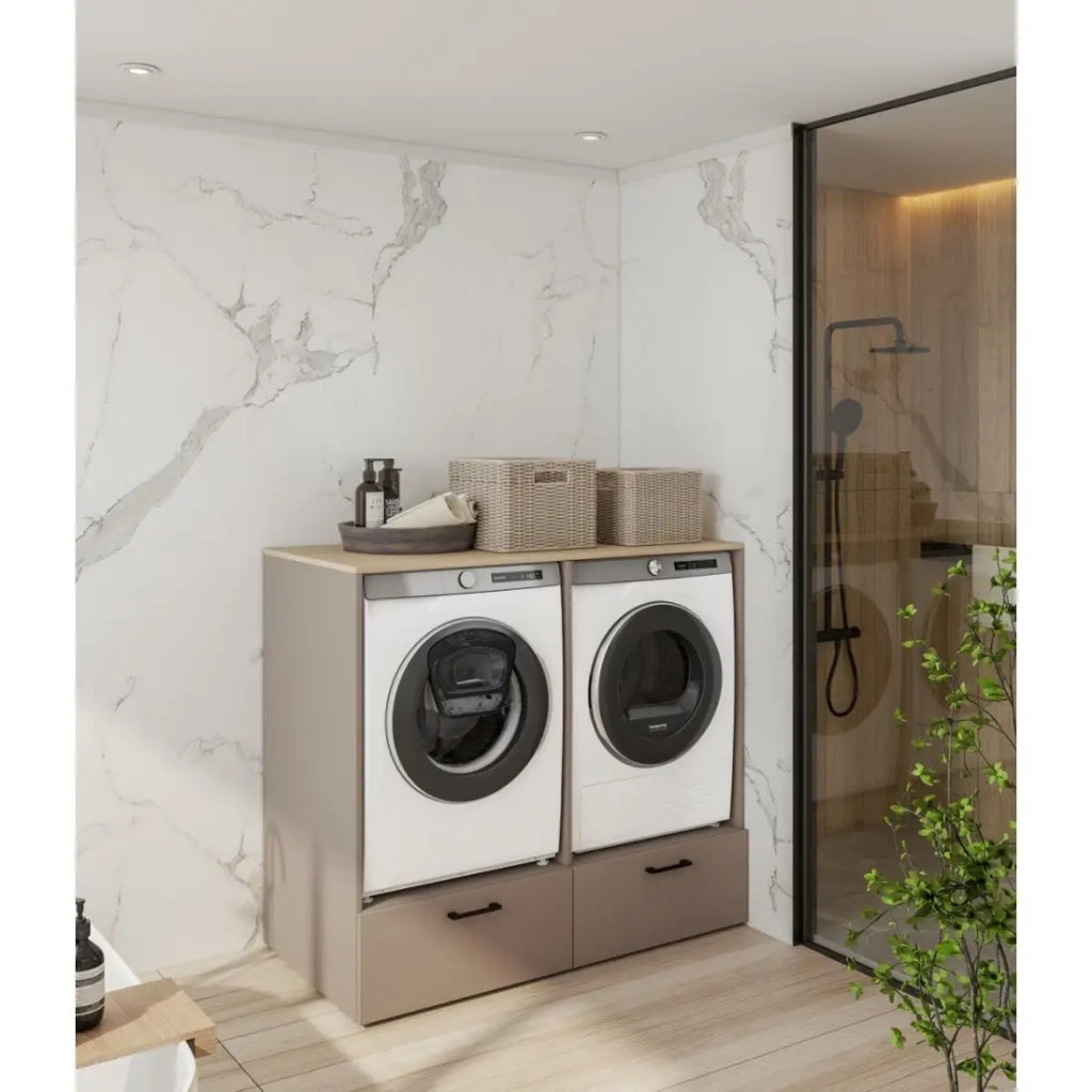 Set di mobili contenitori per lavatrice e asciugatrice collezione WASHING - Taupe e quercia