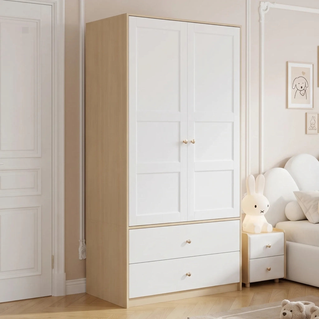 Armadio 2 ante con 2 cassetti e appendiabiti, 100x48x180 cm, bianco e effetto legno