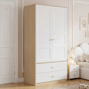Armadio 2 ante con 2 cassetti e appendiabiti, 100x48x180 cm, bianco e effetto legno